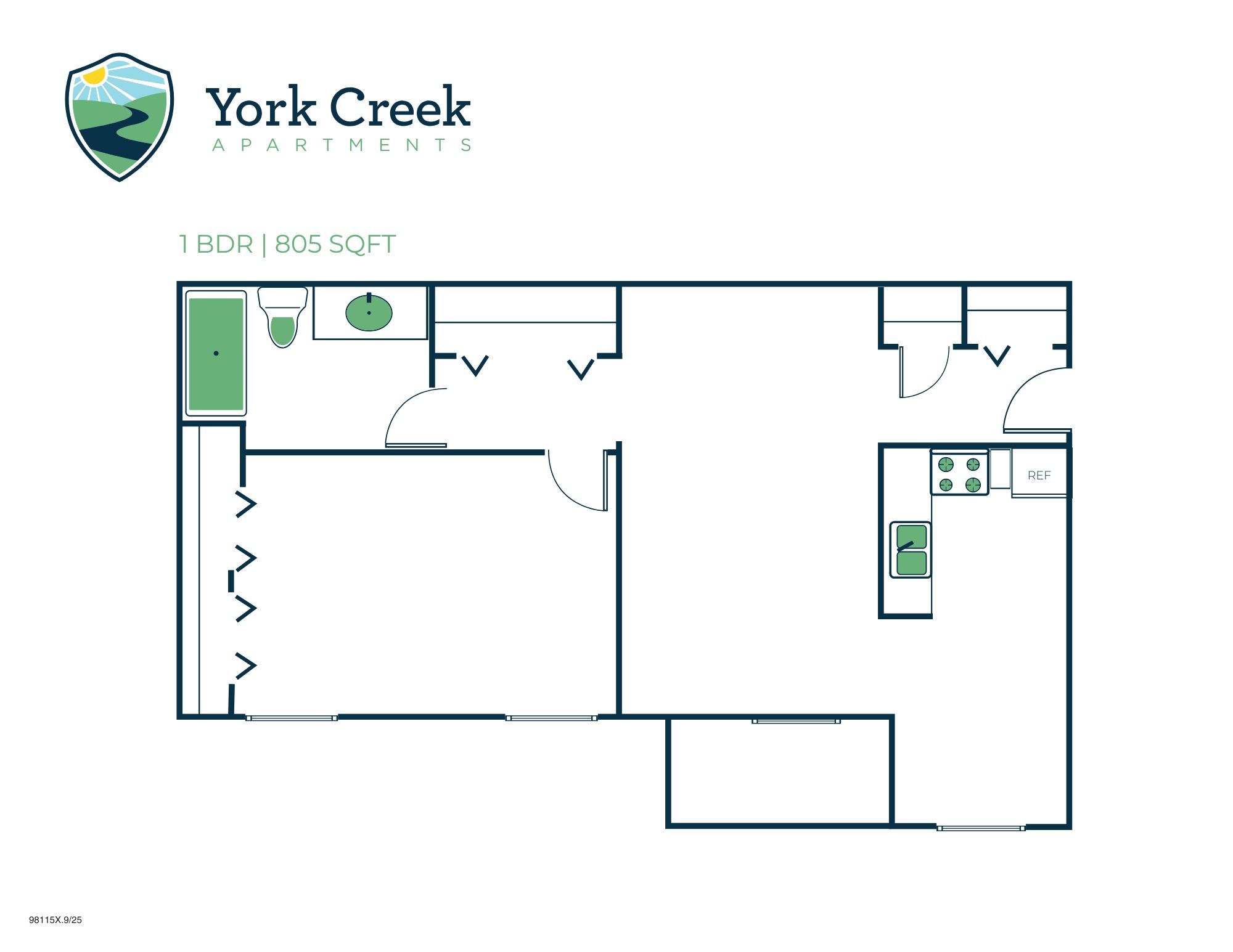 Floor plan for 1 bed, 1 bath, 805 sqft